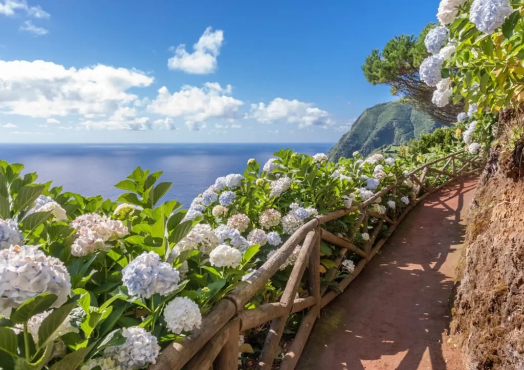 Pathway lined with hydrangea flowers leading to an ocean view under a blue sky.