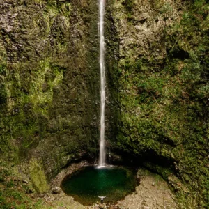 Caldeirao Verde Waterfall cascading down rocky cliffs into a natural pool in Madeira.