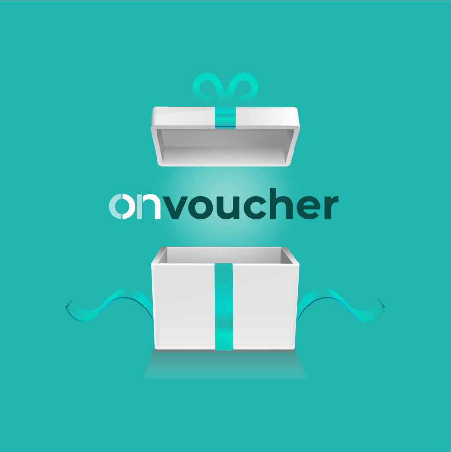 Open gift box with a turquoise ribbon and the text 'on voucher' displayed prominently.
