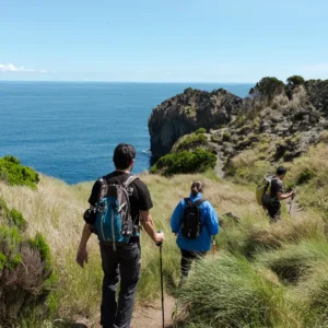 Three hikers walking down a coastal trail with ocean views and grassy terrain.
