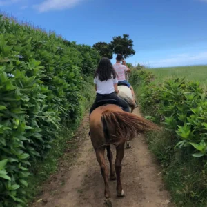 Two individuals riding horses along a narrow dirt path surrounded by greenery.