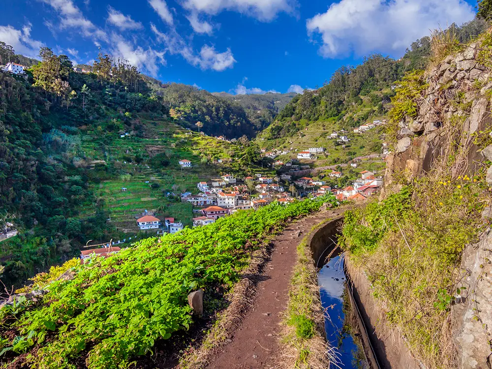 Scenic view of a levada trail with lush greenery and a small village in the background in Madeira.