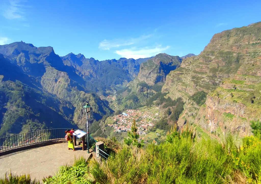 Panoramic view of Nuns Valley surrounded by mountains in Madeira, Portugal.