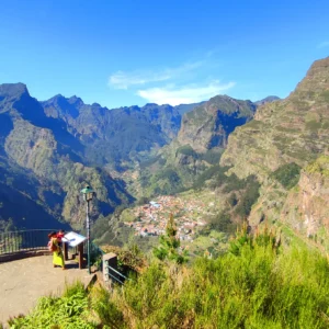 Panoramic view of Nuns Valley surrounded by mountains in Madeira, Portugal.